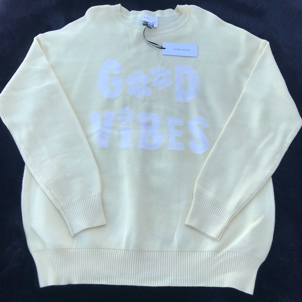 NEW ~ Pink Rose "Good Vibes" Yellow Sweater Size S